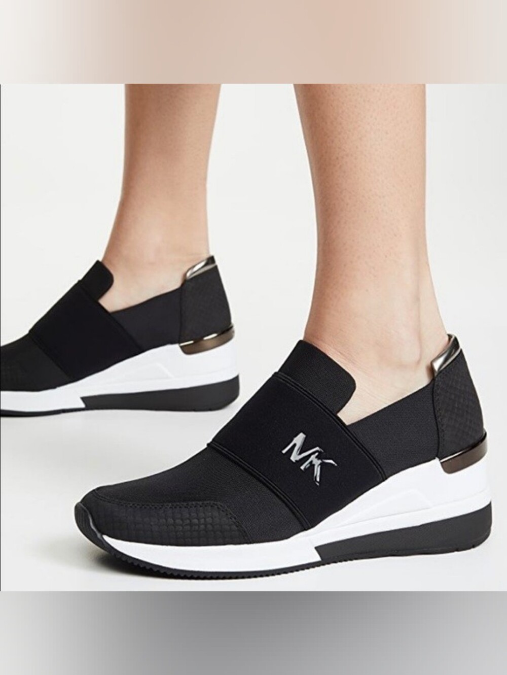 Michael Kors Black White Slip-On Trainer Sneakers MK Logo Size 9